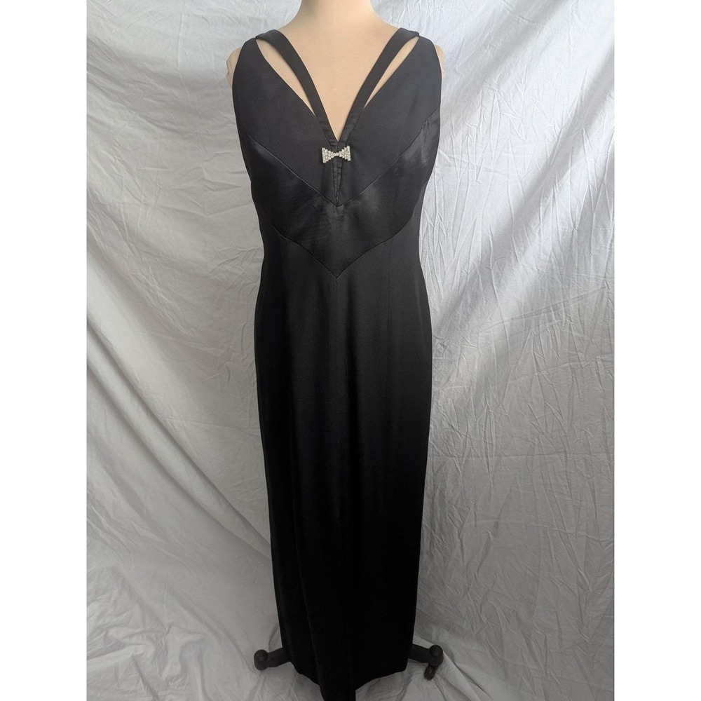 Vtg 90s Maxi Dress Black Satin Rhinestone Bow Sz 12 Old Hollywood Glam Formal